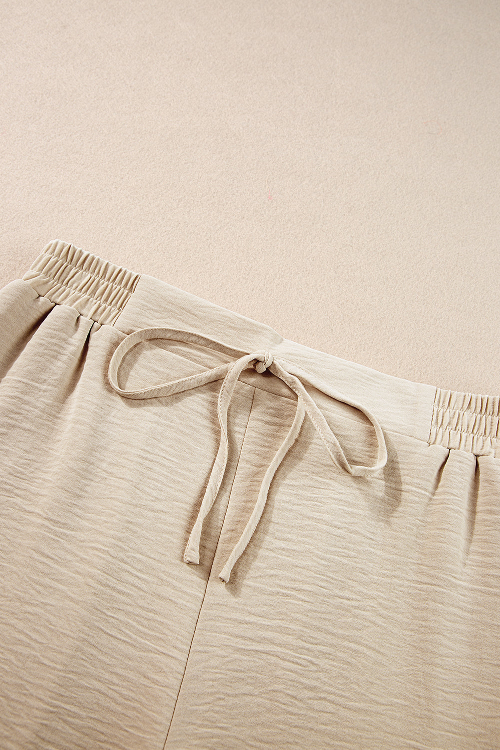 Beige Crinkled Elastic Hem Crop Tee and Wide Leg Pants Set - Thread Harbor Clothing Company