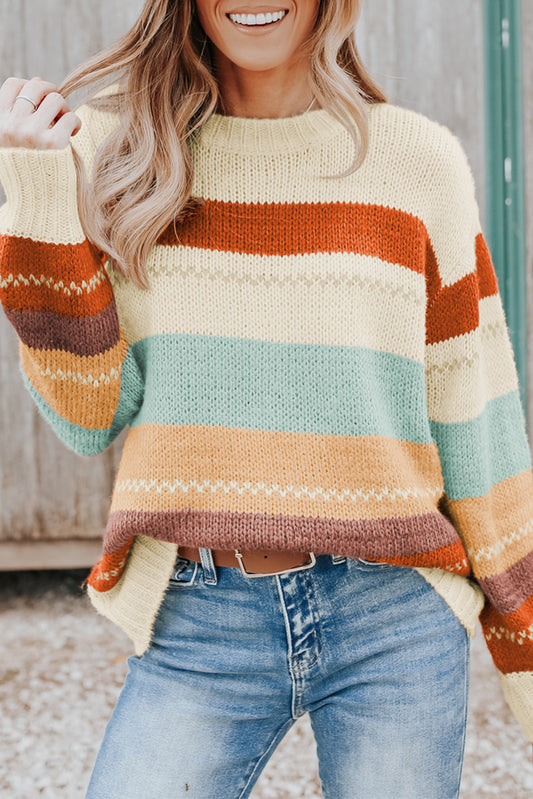 Get ready to turn heads in our Crew Neck Drop-shoulder Striped Color Block Sweater! With its striking striped print and vibrant colors, this classic fit sweater will instantly elevate any outfit. Perfect for pairing with your favorite jeans or skirts, this sweater features long sleeves and a round neckline. It's time to make a statement, and you're the one who's going to look amazing in this sweater! (Seriously, trust us on this one.)