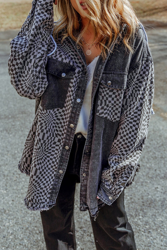 Transform your denim game with our Gray Checked Patchwork Frayed Hem Hooded Denim Shacket! The high waist design adds a touch of sexiness while the paper bag waist brings a feminine and chic look. The mineral wash gives it a fashionable edge, and the fold edge takes it to a whole new level.