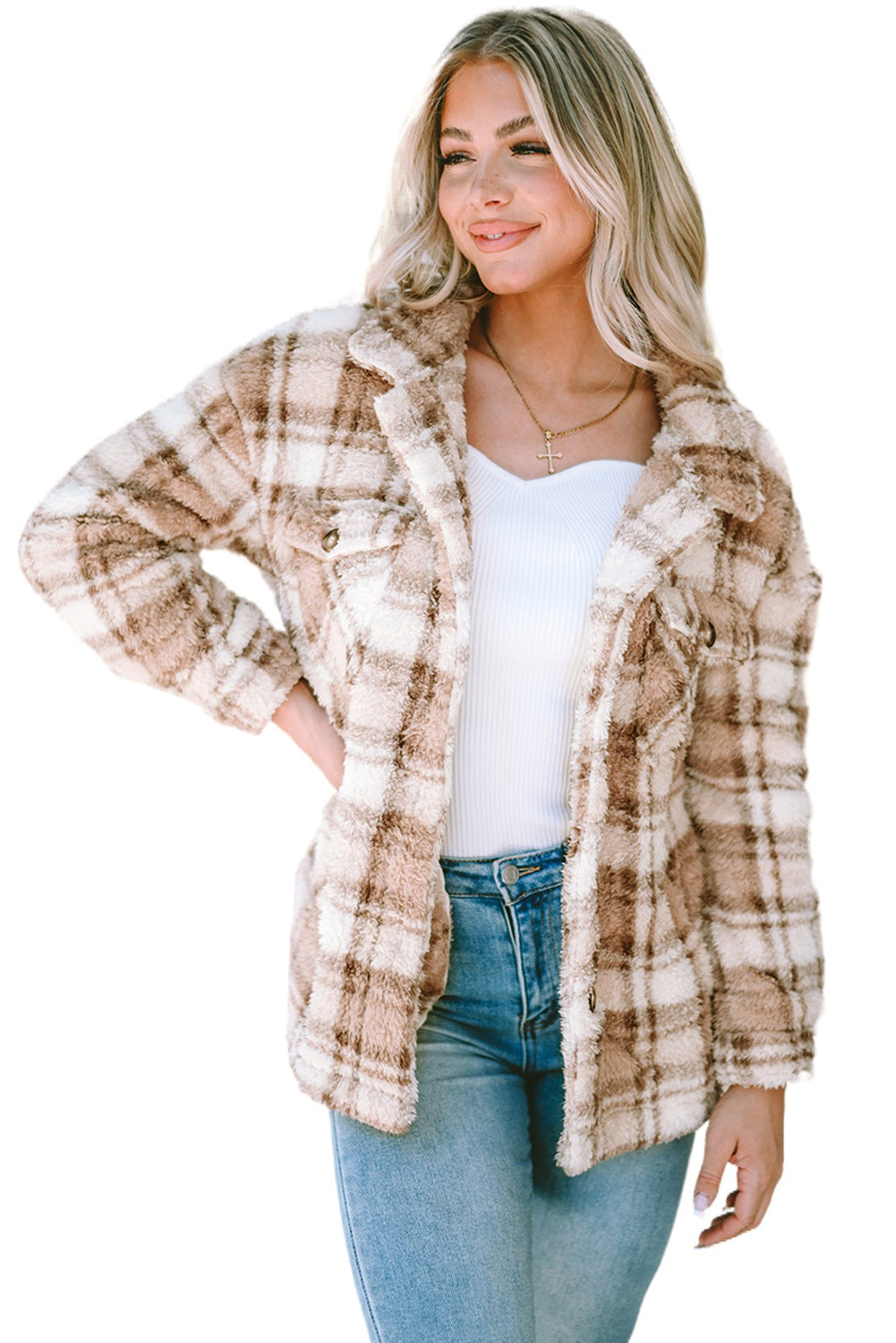 Stay warm and stylish with our Khaki Sherpa Plaid Button Pocketed Jacket. Made with soft sherpa, this jacket will keep you comfortable all day long. The spacious pockets allow for easy storage of essentials. Crafted with high-quality materials, you can count on this jacket to last. The classic plaid pattern and button front add a timeless touch to any outfit.