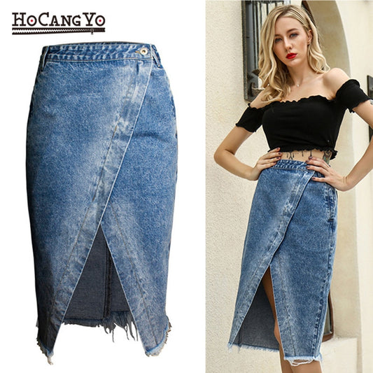 Women Midi High Waist Large Size Cotton Jeans Skirt Stonewashed Denim