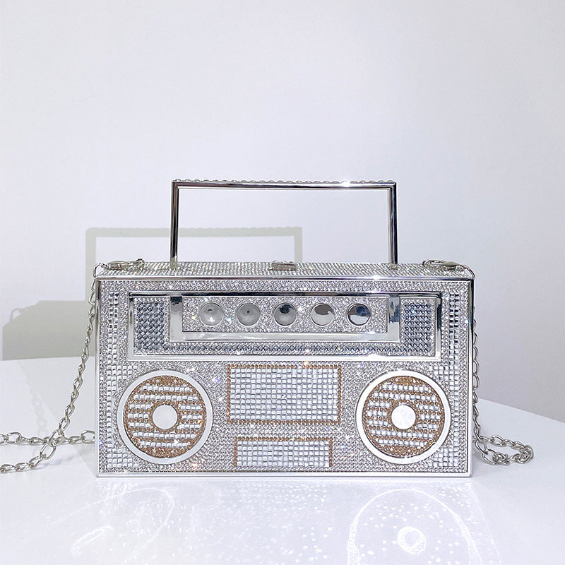 Woman's Retro Rhinestone Boombox Top Handle Purse with Chain Strap Handle