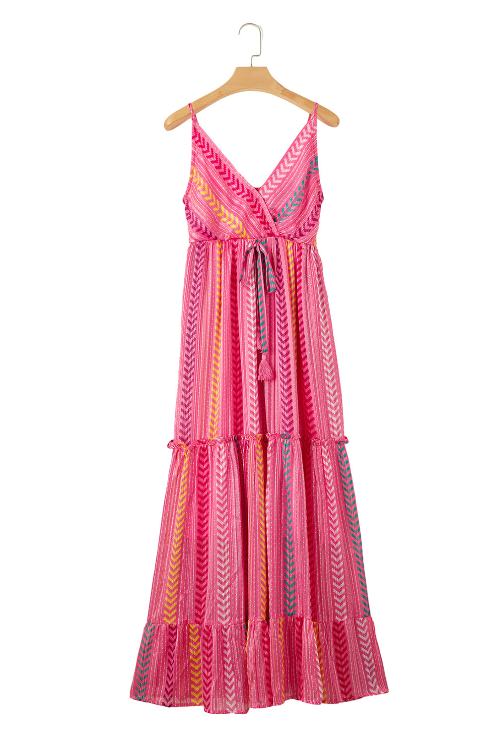 Pink V-Neck Graphic Print Maxi Wrap Dress with Tassel