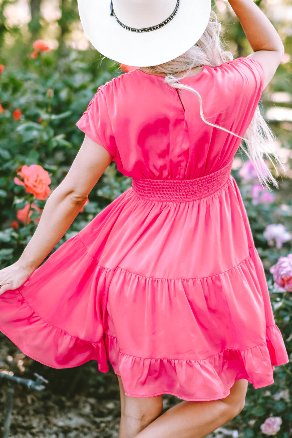 Strawberry Pink V-Neck Ruffled Midi Dress