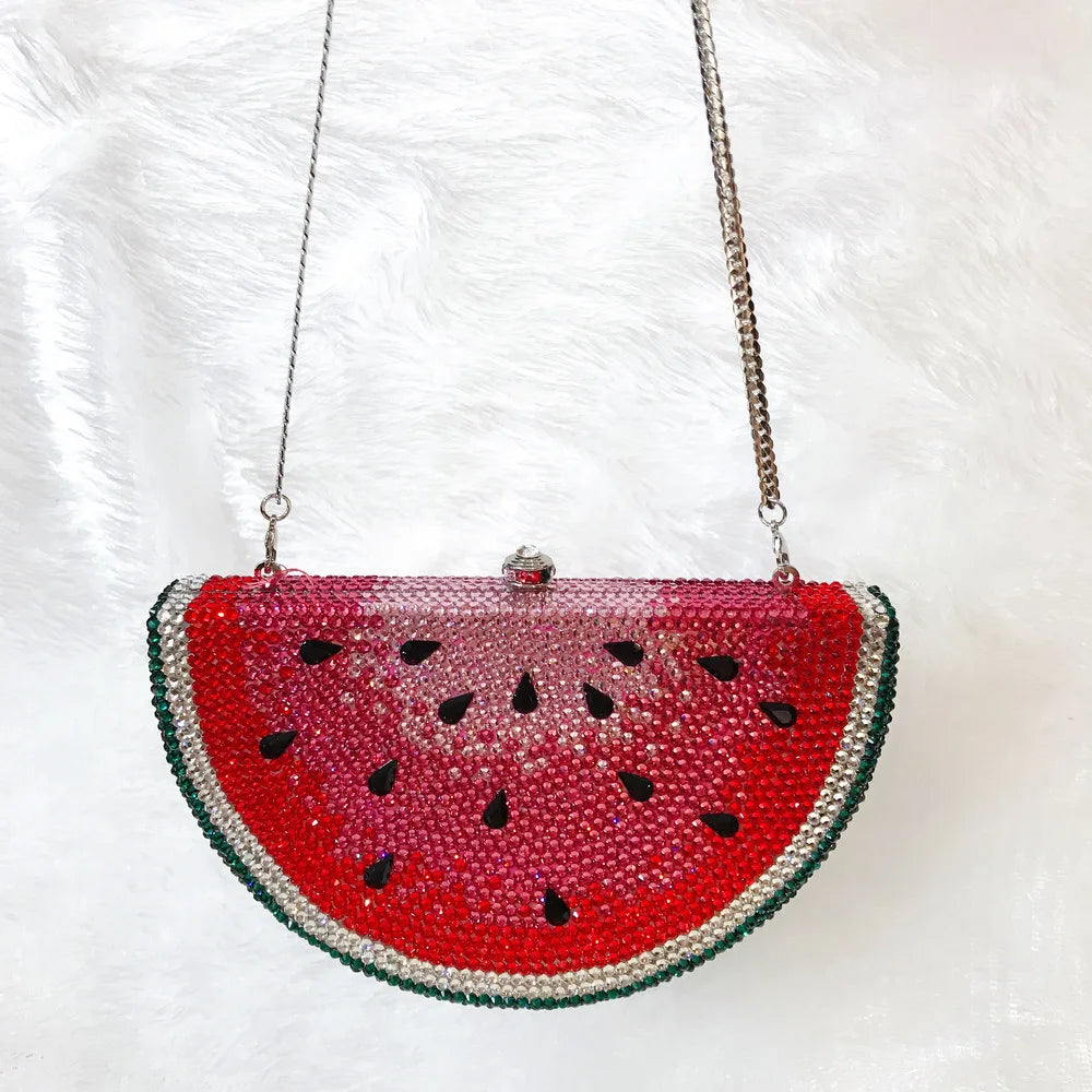 Rhinestone Watermelon Clutch Purse with Gold Shoulder Strap