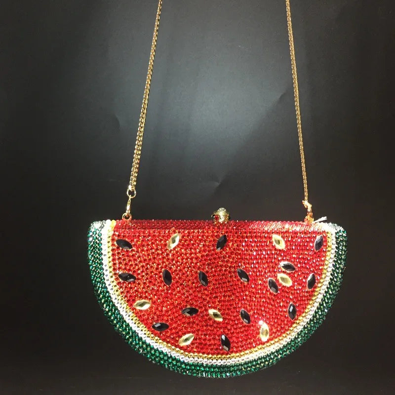 Rhinestone Watermelon Clutch Purse with Gold Shoulder Strap