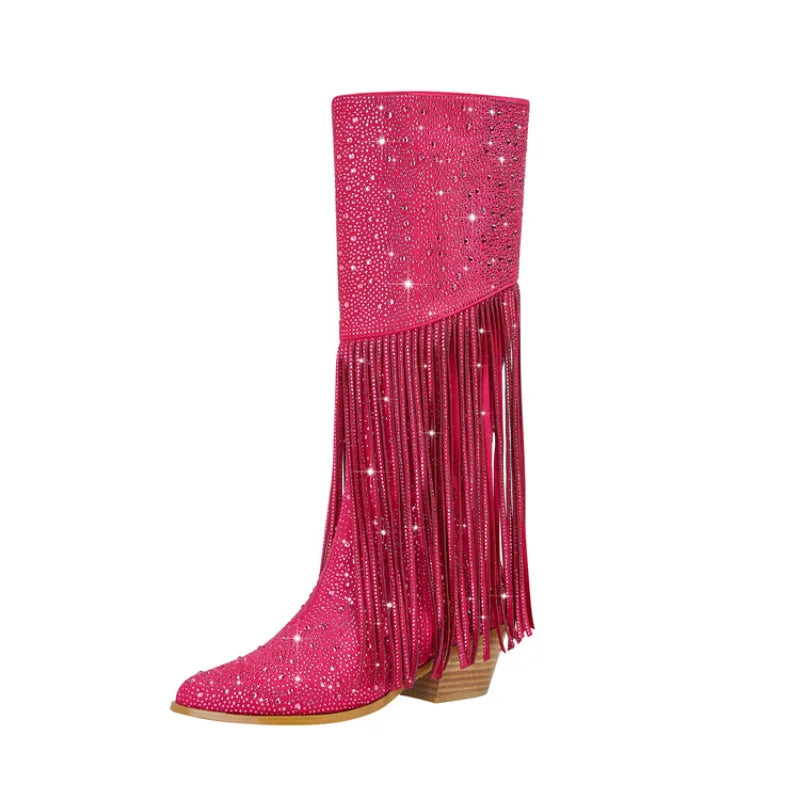 Elevate your western style with our Knee High Rhinestone Boots! Available in 3 stunning colors, these boots feature rhinestones and tassels that will add a touch of sparkle to any outfit. Perfect for all occasions, they will make you stand out and feel confident. Upgrade your wardrobe with these must-have boots.