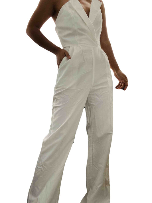 Elevate your summer style with our Sleeveless Halter top style Jumpsuit. Featuring a Deep V Neck Slanted Collar and Wide Legs, this jumpsuit effortlessly combines fashion and comfort. Perfect for any occasion, this jumpsuit is sure to turn heads and make you feel confident and stylish. Upgrade your wardrobe today!