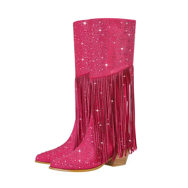 Elevate your western style with our Knee High Rhinestone Boots! Available in 3 stunning colors, these boots feature rhinestones and tassels that will add a touch of sparkle to any outfit. Perfect for all occasions, they will make you stand out and feel confident. Upgrade your wardrobe with these must-have boots.