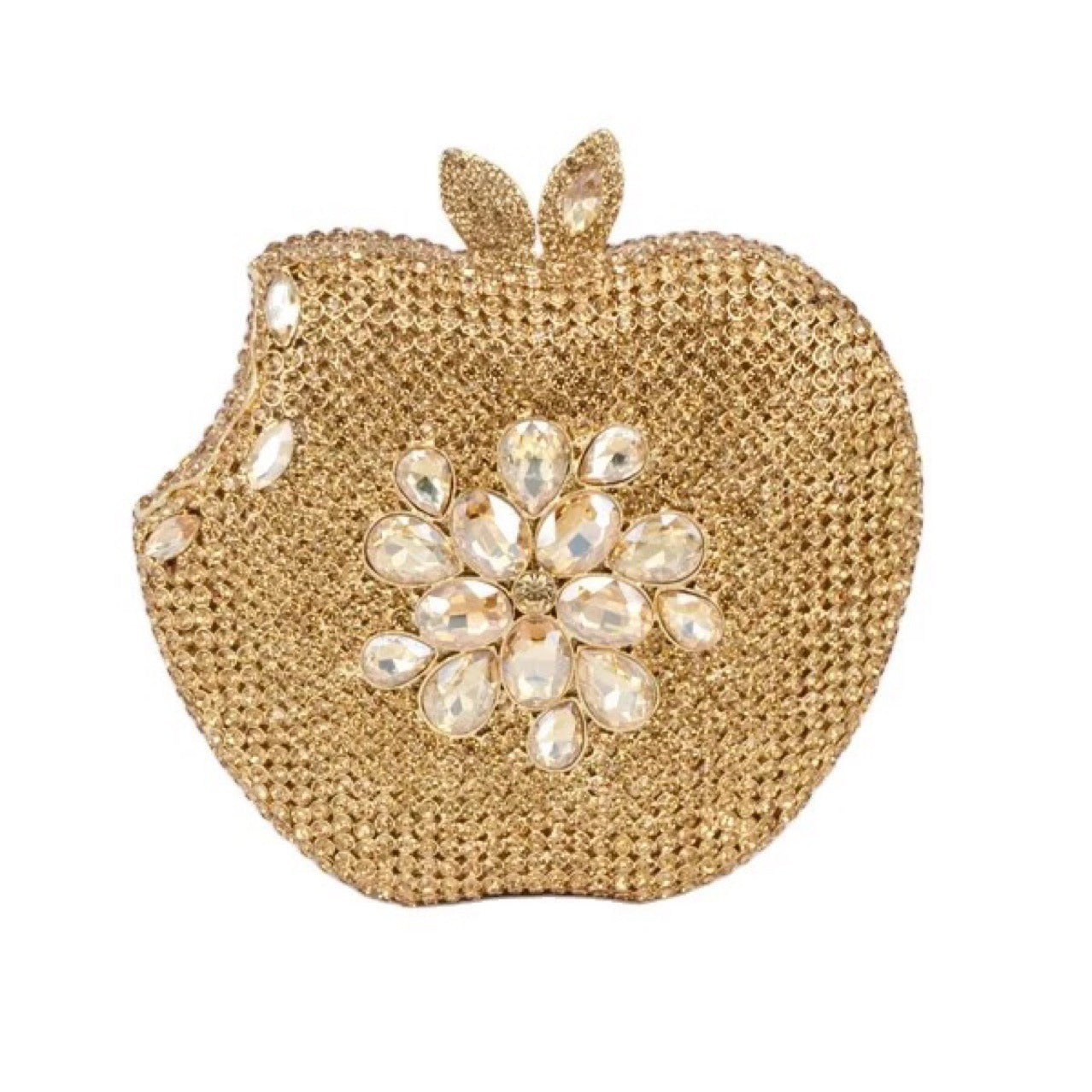 Add a pop of whimsy and style to your outfit with our Rhinestone Apple Shaped Handbag! Available in 8 vibrant colors, this playful clutch features a detailed rhinestone apple design and a convenient chain shoulder strap. Perfect for any fashionista looking to make a statement! (No worms included.)