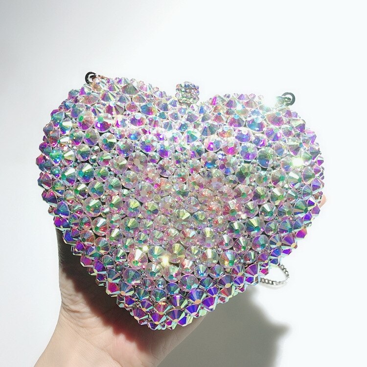 Women's Rhinestone Heart Clutch Purse with Shoulder Strap