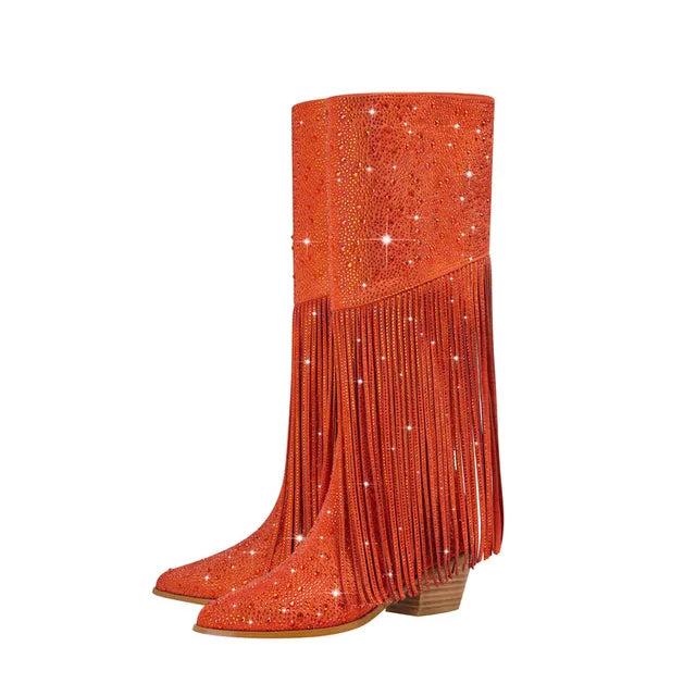 Elevate your western style with our Knee High Rhinestone Boots! Available in 3 stunning colors, these boots feature rhinestones and tassels that will add a touch of sparkle to any outfit. Perfect for all occasions, they will make you stand out and feel confident. Upgrade your wardrobe with these must-have boots.