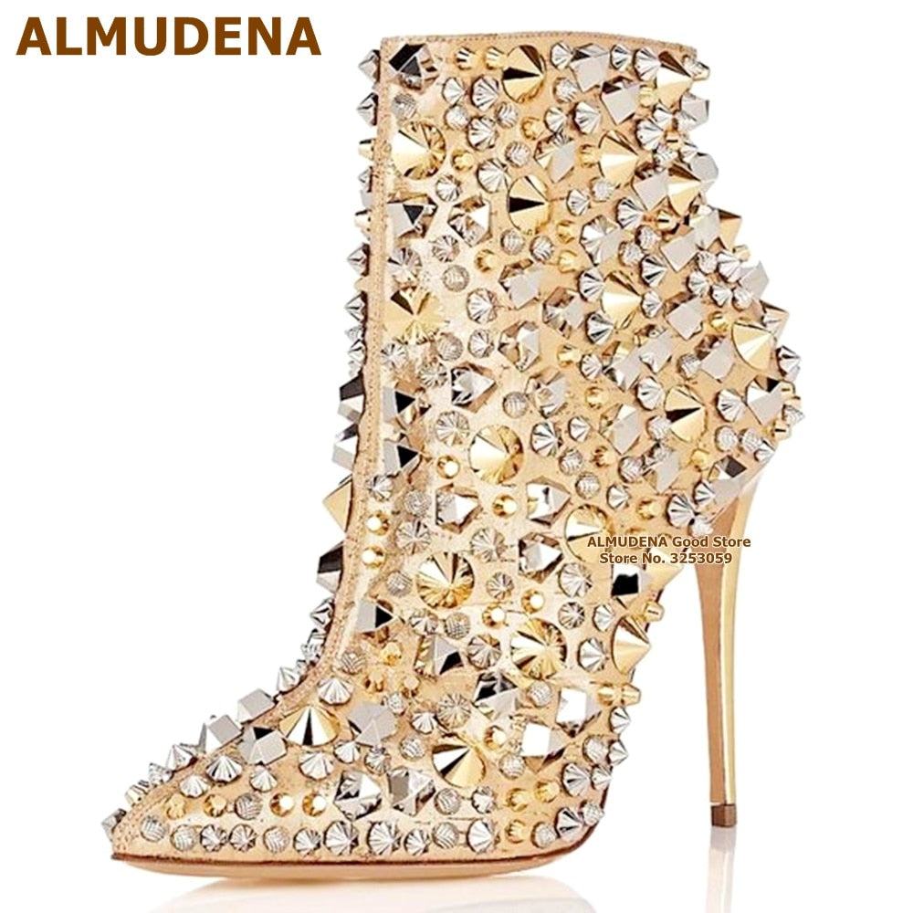 Step out in style with these stunning Rhinestone High Heel Ankle Boots! The sparkling rhinestones in gold and silver add a touch of glamour to any outfit. Elevate your look and walk with confidence in these eye-catching boots. Perfect for a night out or special occasion.