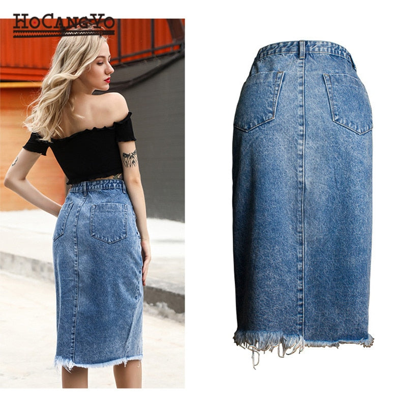 Women Midi High Waist Large Size Cotton Jeans Skirt Stonewashed Denim