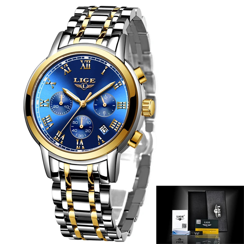 Blue face on watch, gold rim and hands and second hand silver band, with gold inlay.  