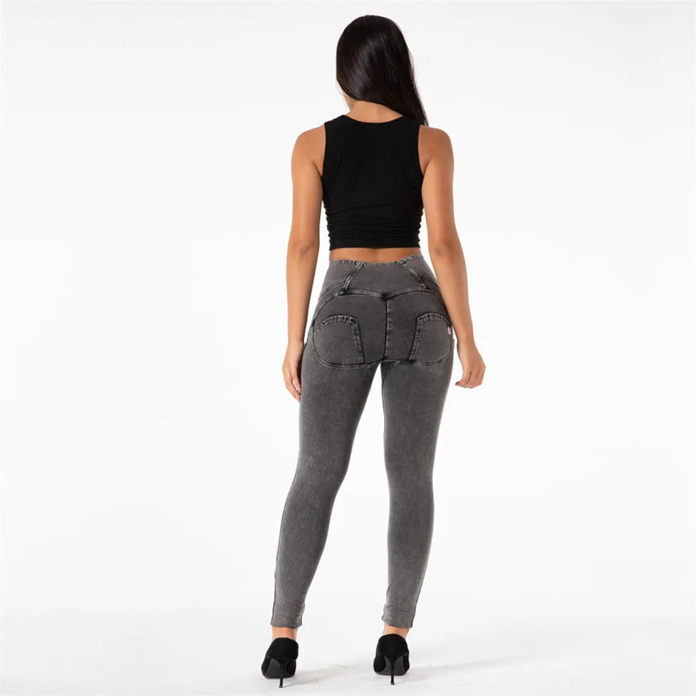 Enhance your curves with our High Rise Stretch Skinny Jeans. Made with butt lift technology and a 4-way stretch fabric, these gray jeggings will hug your body in all the right places for a sexy and flattering fit. Elevate your fashion game with these stylish and comfortable gray denim skinny jeans.