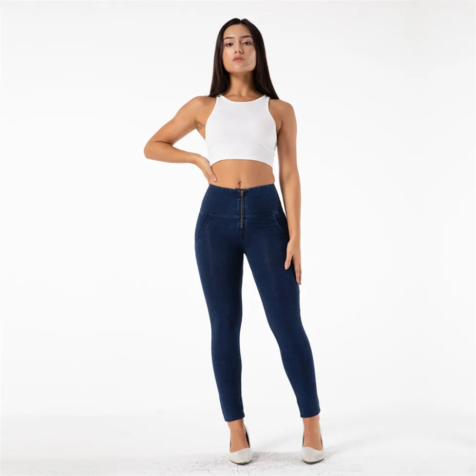 Experience the ultimate in comfort and style with our Dark Blue Stretch Skinny Jeans. Crafted from a stretch denim spandex fabric, these jeans effortlessly hug your curves and provide a flattering skinny leg silhouette. The innovative butt lift technology enhances your natural curves, making you look and feel confident. Elevate your wardrobe with these high waist pull on jeans.