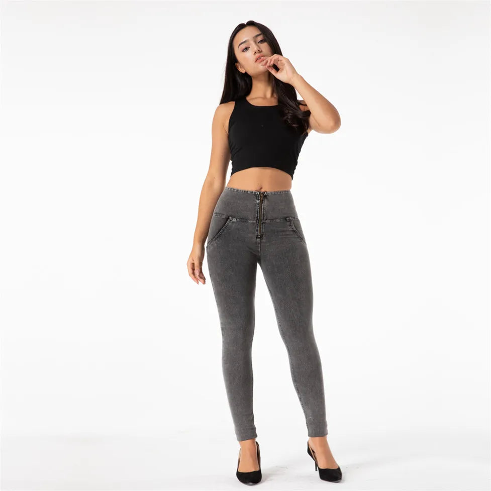 Enhance your curves with our High Rise Stretch Skinny Jeans. Made with butt lift technology and a 4-way stretch fabric, these gray jeggings will hug your body in all the right places for a sexy and flattering fit. Elevate your fashion game with these stylish and comfortable gray denim skinny jeans.