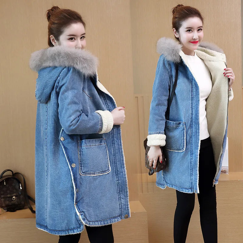 Elegant Women's Denim Jacket with Hood & Wool Lining