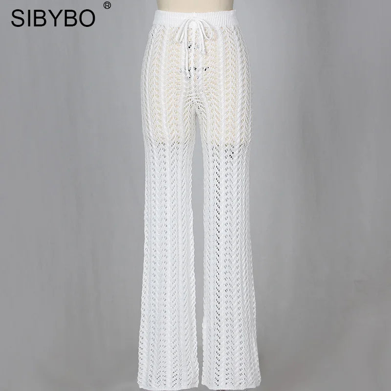 Crochet High Waist Knit Wide Leg Cotton Spandex Casual Pants - Comes in Tan Beige and Black