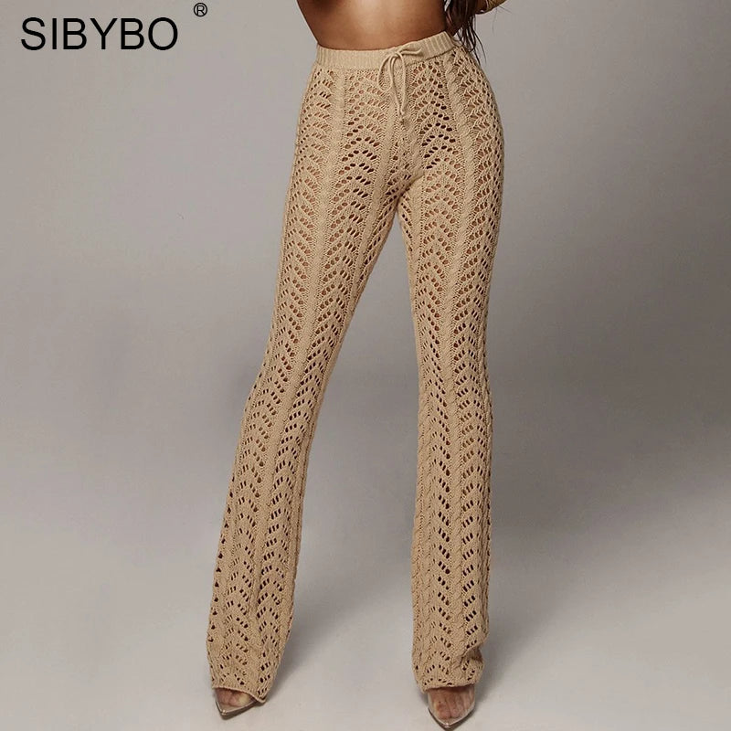 Crochet High Waist Knit Wide Leg Cotton Spandex Casual Pants - Comes in Tan Beige and Black