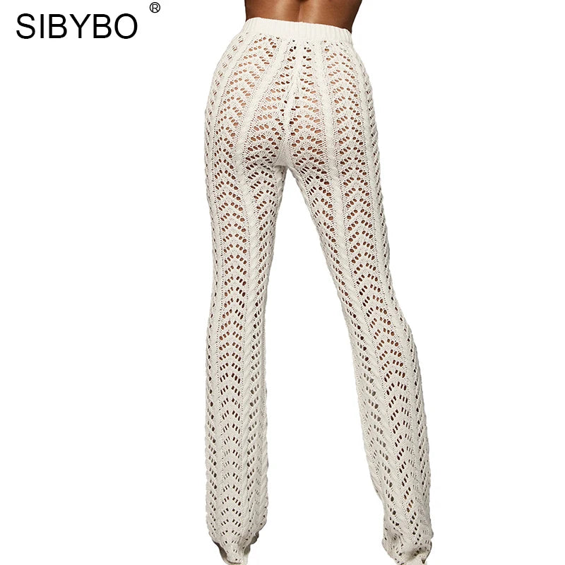 Crochet High Waist Knit Wide Leg Cotton Spandex Casual Pants - Comes in Tan Beige and Black