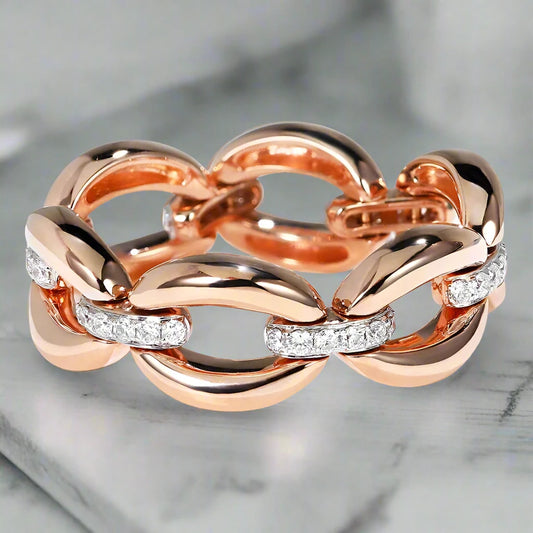 Discover the beauty of our 18K Rose Gold and Diamond Retro Link Chain Ring from Thread Harbor Clothing Company. With its delicate design and fine jewelry craftsmanship, this ring will add a touch of elegance to any outfit. Embrace luxury and sophistication with this stunning piece.