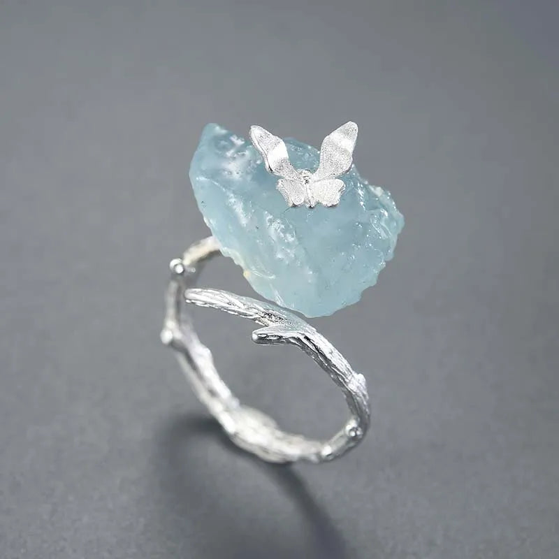 Aquamarine Gemstones Butterfly Ring Original Sterling Silver