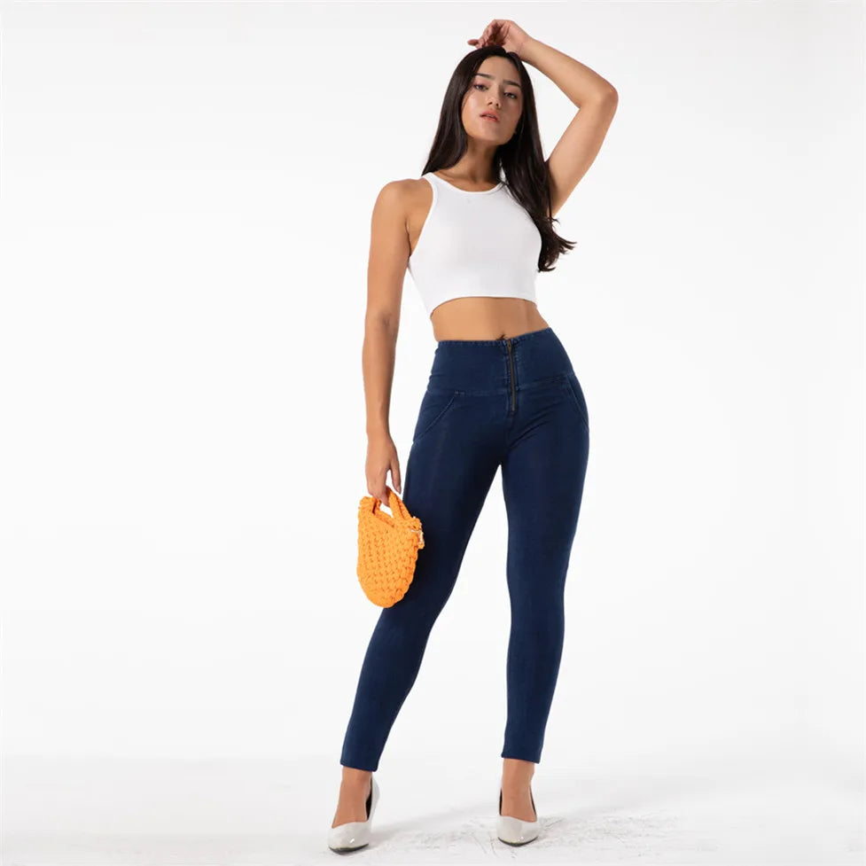 Experience the ultimate in comfort and style with our Dark Blue Stretch Skinny Jeans. Crafted from a stretch denim spandex fabric, these jeans effortlessly hug your curves and provide a flattering skinny leg silhouette. The innovative butt lift technology enhances your natural curves, making you look and feel confident. Elevate your wardrobe with these high waist pull on jeans.