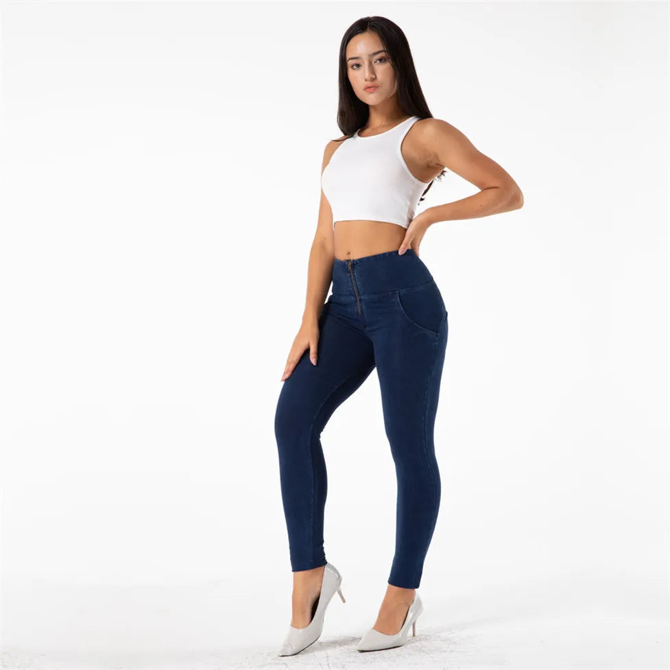 Experience the ultimate in comfort and style with our Dark Blue Stretch Skinny Jeans. Crafted from a stretch denim spandex fabric, these jeans effortlessly hug your curves and provide a flattering skinny leg silhouette. The innovative butt lift technology enhances your natural curves, making you look and feel confident. Elevate your wardrobe with these high waist pull on jeans.