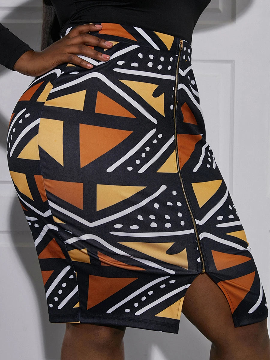 Plus Size Slit Skirt with Geometric Print Pattern