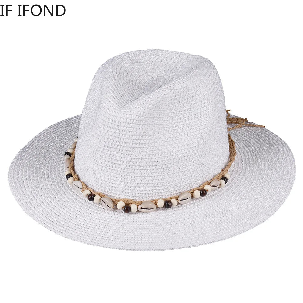 54-58-60CM Women's Summer Straw Panama Hat With Natural  Conch Shell Decoration