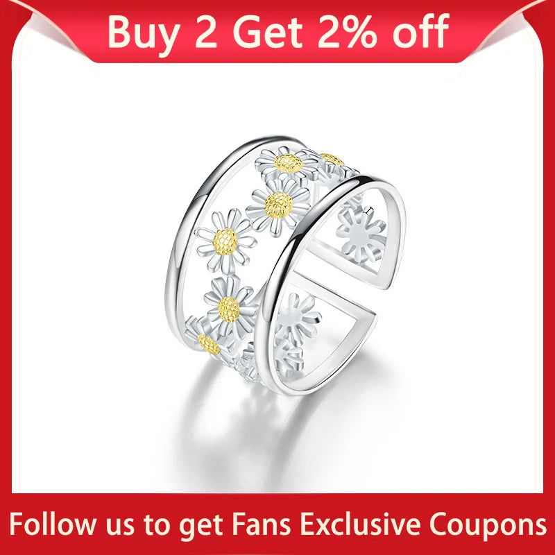 Elegant Little Daisy Flower Adjustable Rings for Women Real Sterling Silver