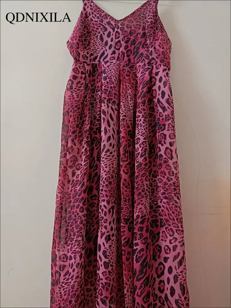 Elegant Long Leopard Print Suspender Maxi Dress