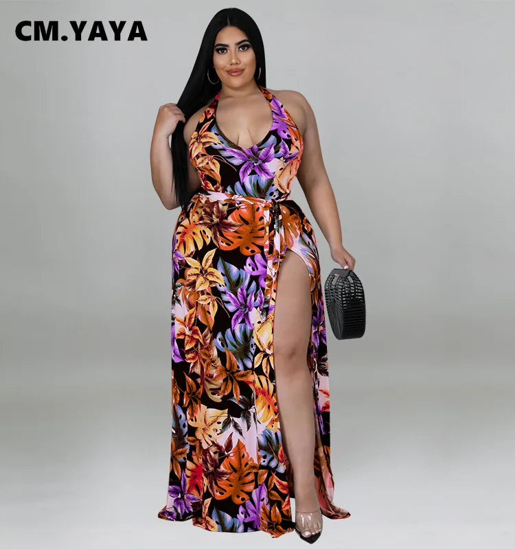 Plus Size Floral Maxi Dress with Tie Waist Two Piece Matching Beach Swimsuit Set