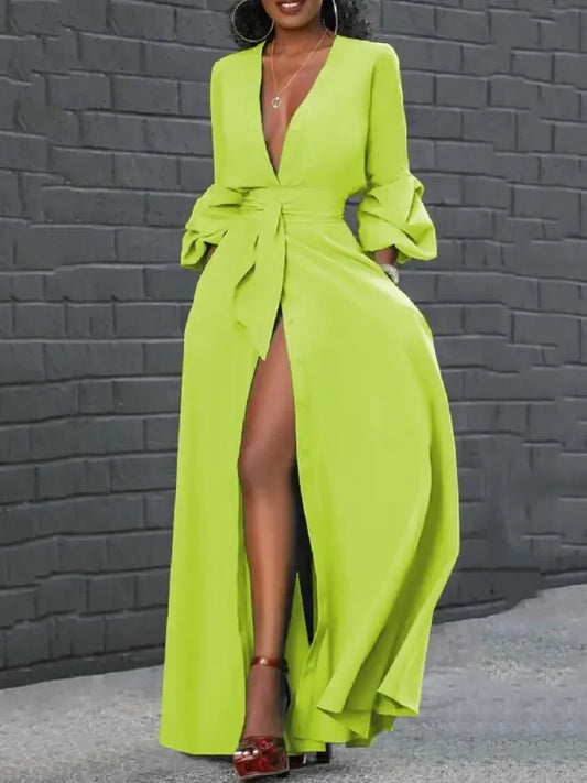 Sexy Neon Green Deep V-Neck Long Sleeve A-Line Maxi Dress -Thread Harbor Clothing Company