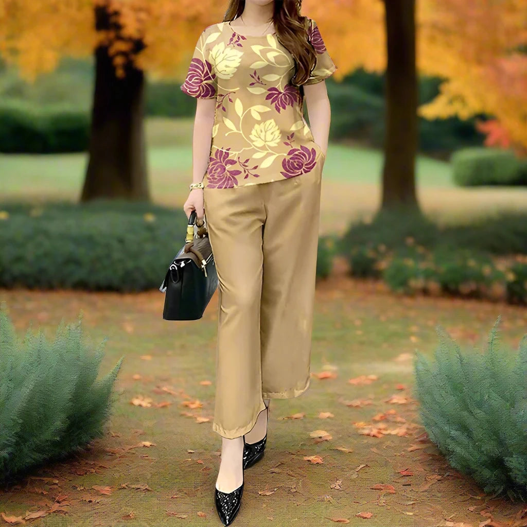 beautiful gold pants with mauve and yellow floral modif