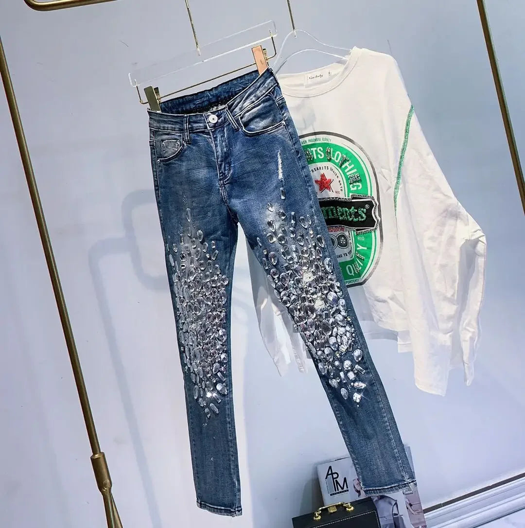 Handmade Rhinestone Beaded Denim Skinny Jeans