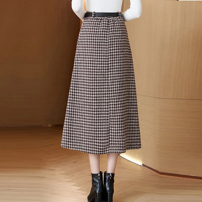 Woolen Plaid Houndstooth Midi Skirt