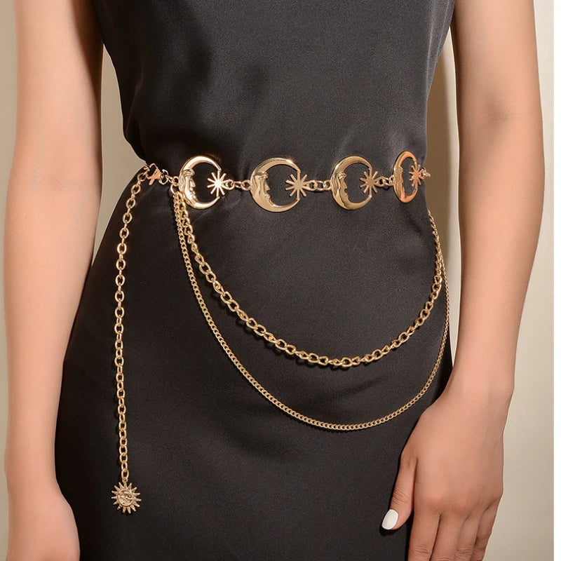 Astrological - Sun and Moon and Stars Design Chain Belt for Women Layered Metal Belt