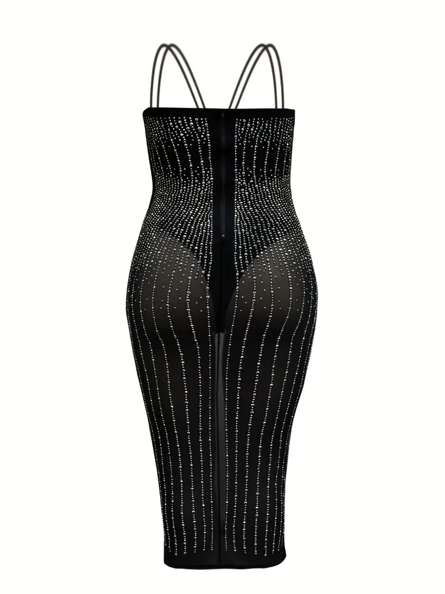 Elegant Plus Size Black Sequined Spaghetti Strap See Through Knee Length Bodycon Dress