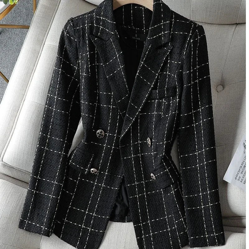 Black jacket with thin white plaid.  So sophisticated  