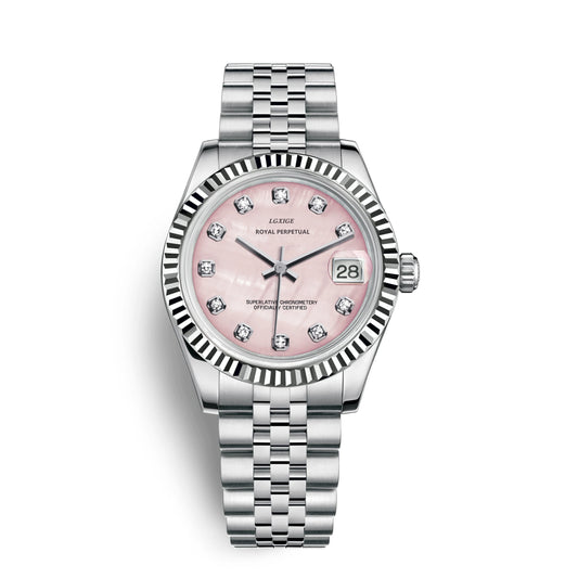 Silver band.  pink face.  rhinestones on each hour.  Stay punctual in style with our Ladies Luxury Watches. These waterproof quarts watches feature a durable stainless steel band and come in 13 vibrant colors to match any outfit. Keep time and turn heads with this beautiful woman's watch!