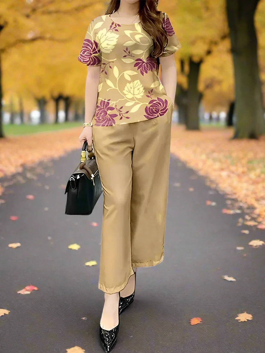 Gold slacks with a mauve and yellow floral design.  Elegant!  