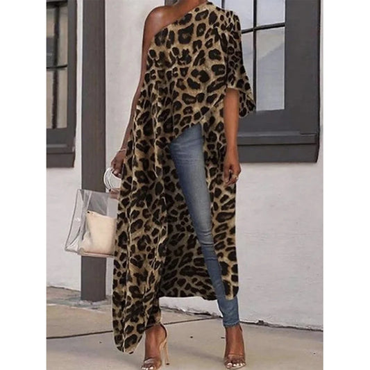 Long Asymmetric Short Sleeve Off Shoulder Leopard Print Blouse - Thread Harbor Clothing Company