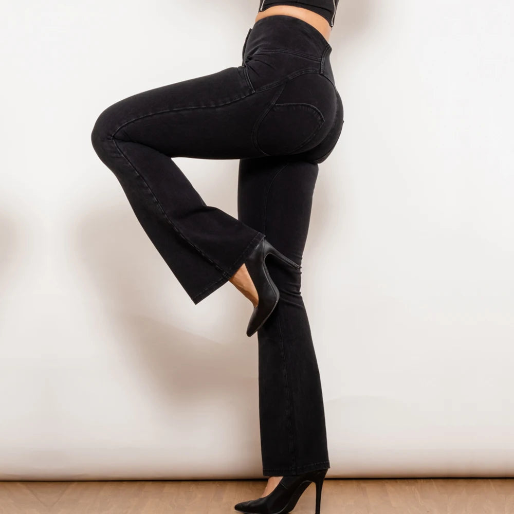    Introducing our Black Flare Leg Butt Lift Jeggings, designed to shape and lift your butt while providing a comfortable mid rise and high waist fit. These button up jeans feature a stylish flare leg for a modern touch. Upgrade your wardrobe and boost your confidence with these innovative jeans!