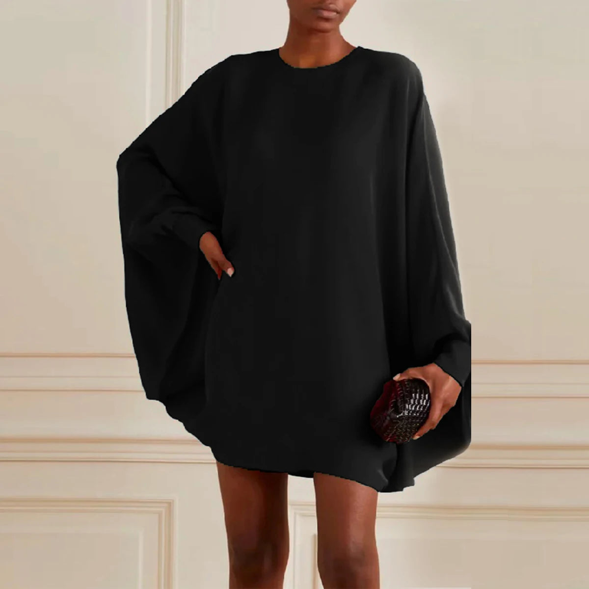 Loose Fit Simple Batwing Sleeve Mini Dress with Rounded Neck - Thread Harbor Clothing Company