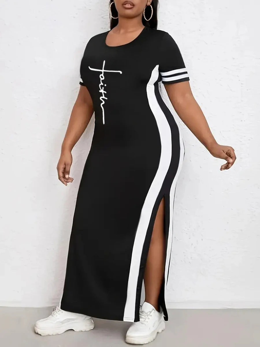 Get ready to make a statement in our "Faith" print dress! Designed for plus size women, this polyester knit bodycon dress exudes confidence and style. With short sleeves and side slits, it's perfect for any occasion. Embrace your faith and show off your curves in this stunning maxi length dress.  The dress has white stripes down each side of the dress and stripes around the sleeves