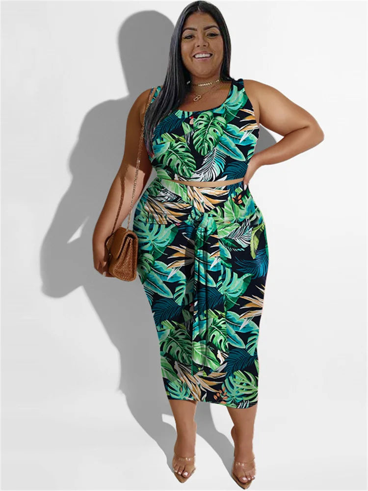 Women's Plus Size Sleeveless Floral Crop Top and Skirt Set