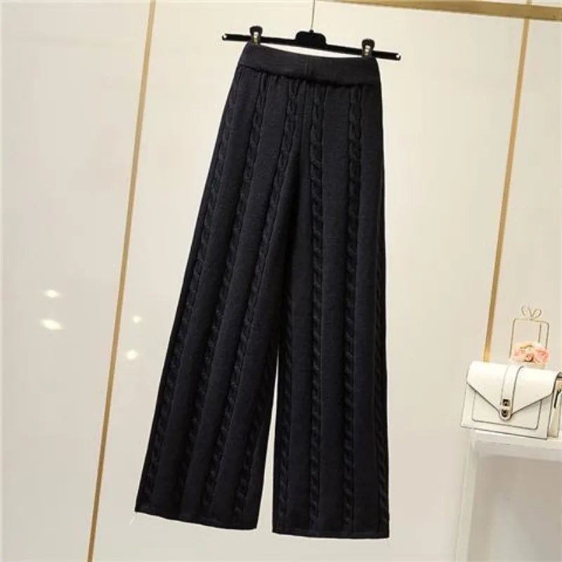 Cable Knit Wide Leg Pants Elastic High Waist Casual Solid Color Cotton Polyester